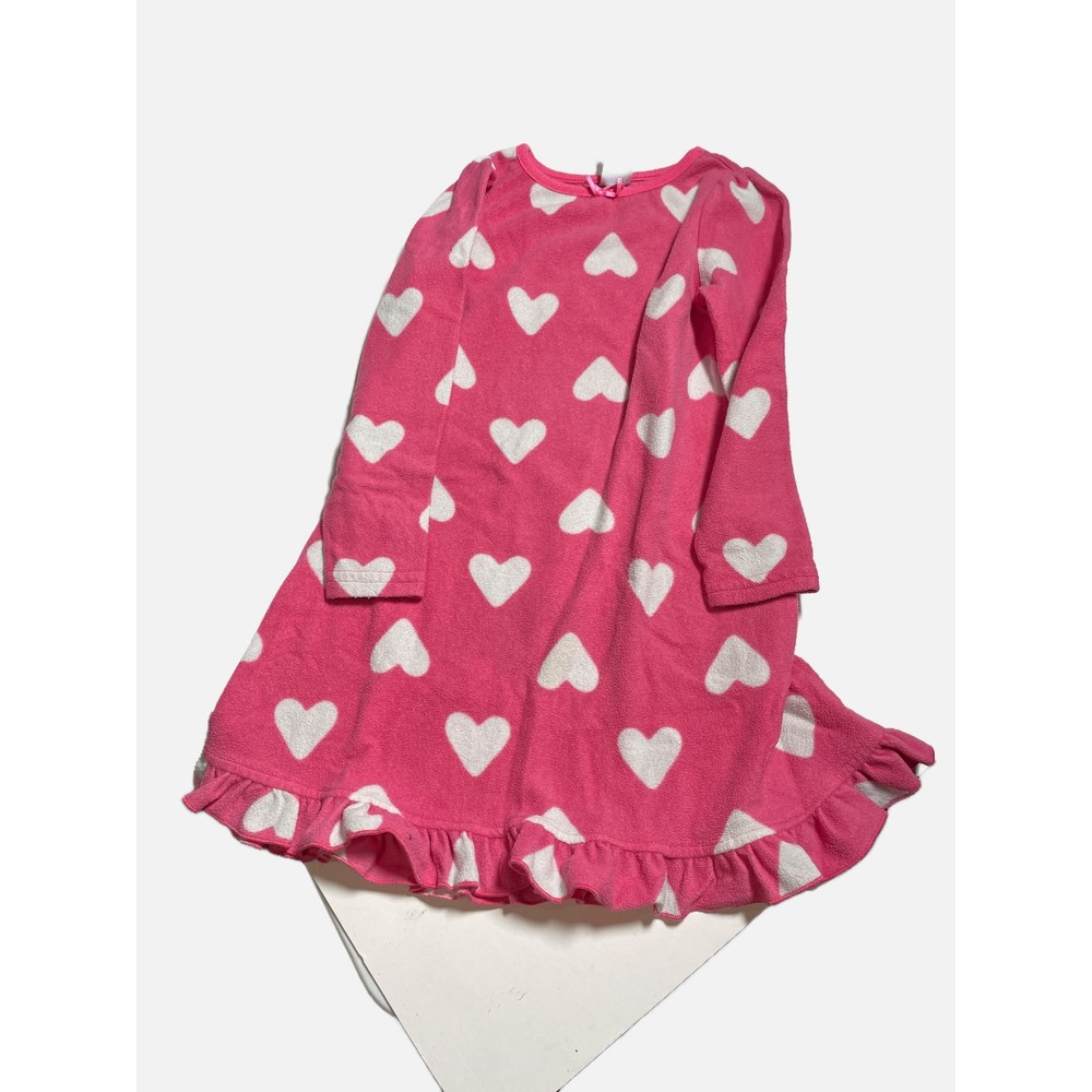 The Childrens Place Nightgown Girls 5/6 Pink Fleece Heart Print Ruffle Sleepwear